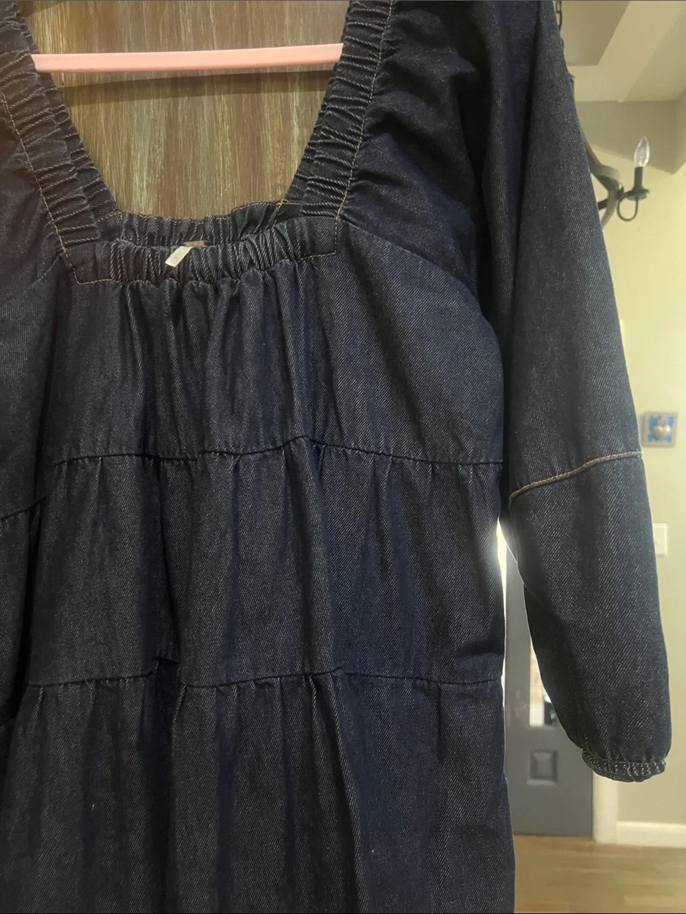 Free People Dark Blue Denim Smocked Square-Neck Mini Dress